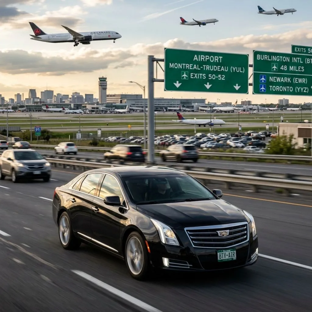 Airport limo service Burlington black Cadillac XTS Sedan airport transportation from Burlington