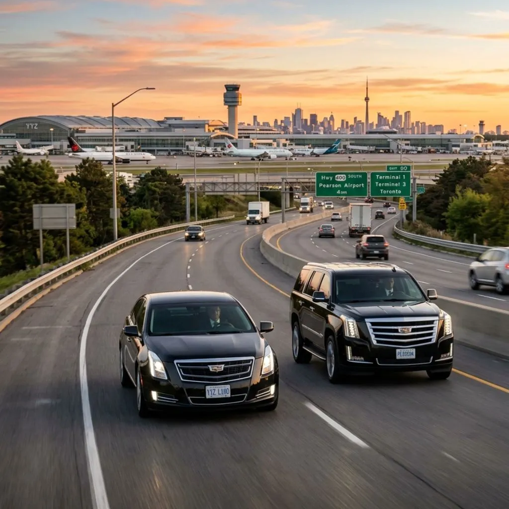 Airport limo service Innisfil with black Cadillac XTS Sedan and SUV serving major Ontario airports