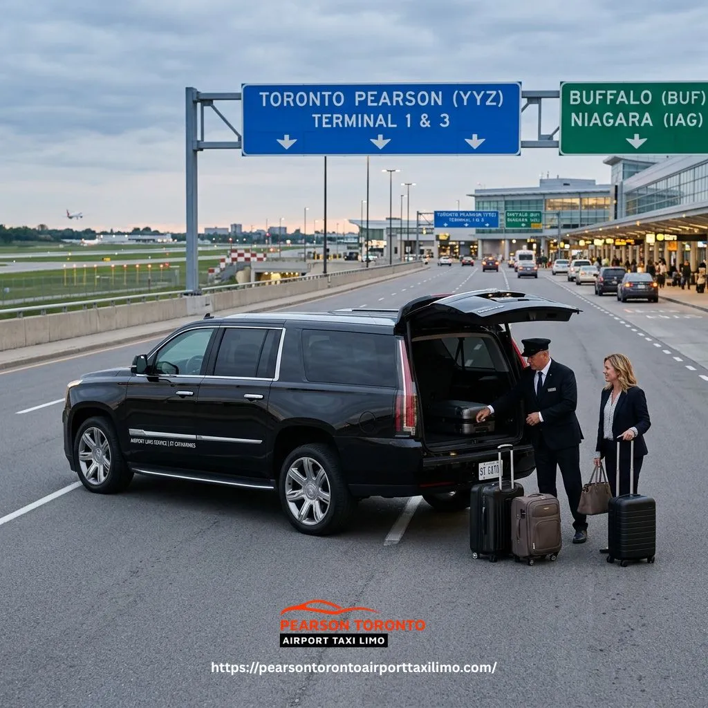 Airport Limo Service in St Catharines with a clean SUV or sedan for direct airport transfers to Pearson, Buffalo, and Niagara airports.