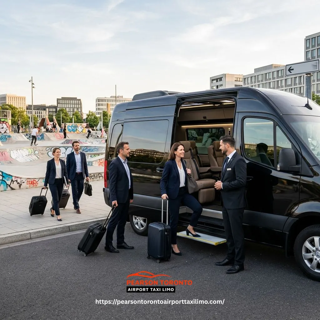 Group Airport limo Service in Skatepark with Sprinter Van, professional chauffeur, luggage support, and private airport transfer.
