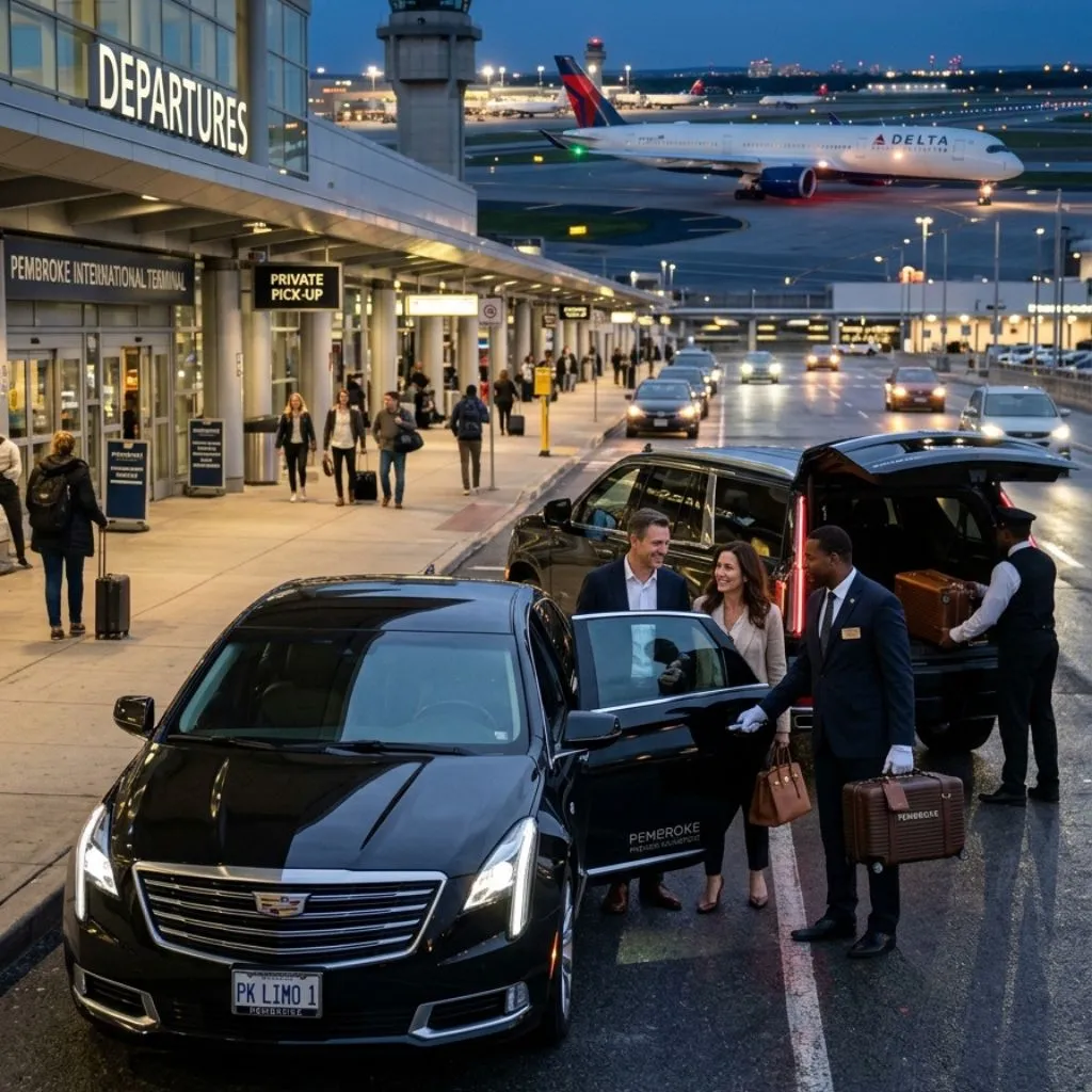 Pembroke Airport Limo Service black Cadillac XTS Sedan and SUV providing luxury airport transfers from Pembroke
