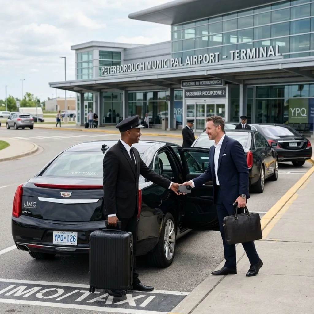 Peterborough Airport Limo Service professional chauffeur with Cadillac XTS Sedan airport pickup service