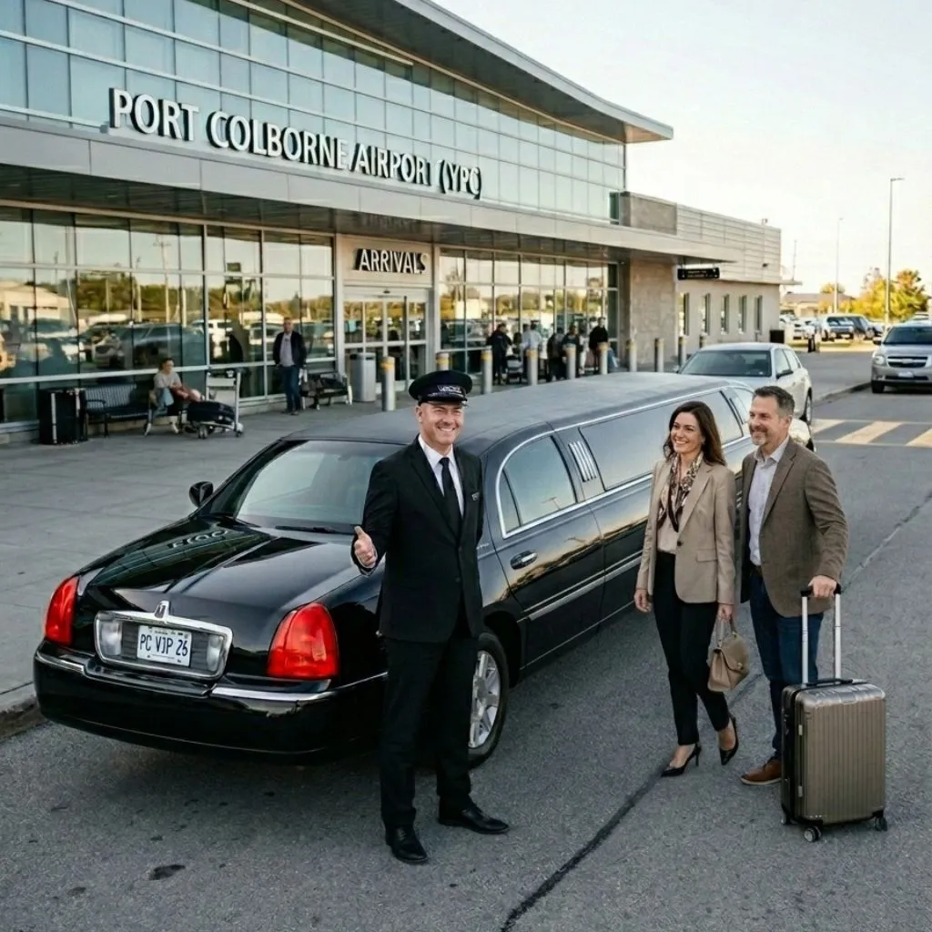 Port Colborne Airport Limo Service chauffeur greeting passengers with luxury Stretch Limousine for Port Colborne Airport Limo and Airport limo service Perth
