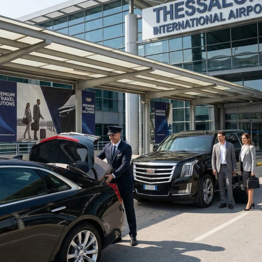 Thessalon Airport Limo Service chauffeur greeting travelers with Cadillac XTS Sedan and SUV for Thessalon Airport Limo and Airport limo service Thessalon