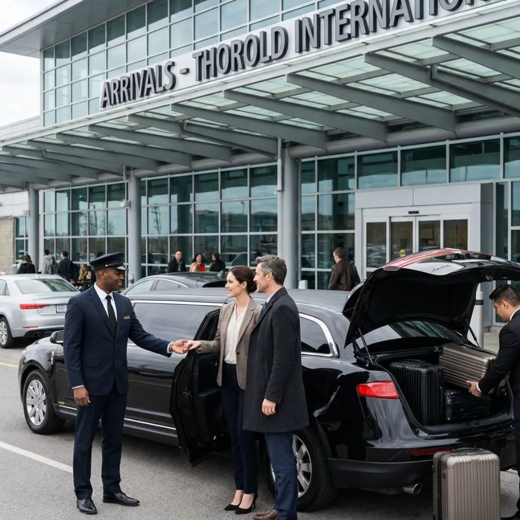 Thorold Airport Limo Service chauffeur greeting passengers with Lincoln Stretch Limo for Thorold Airport Limo and Airport limo service Thorold