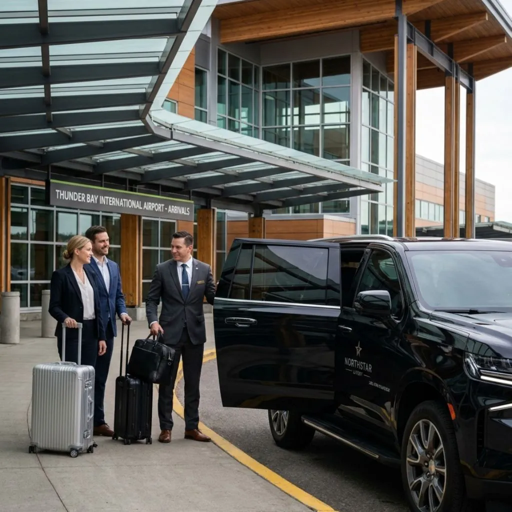 Thunder Bay Airport Limo Service chauffeur greeting travelers with Chevrolet Suburban for Thunder Bay Airport Limo and Airport limo service Thunder Bay