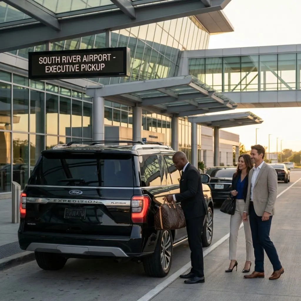 Toronto Pearson Airport Limo Service chauffeur greeting travelers with Ford Expedition SUV for Toronto Pearson Airport Limo and Airport limo service Toronto Pearson