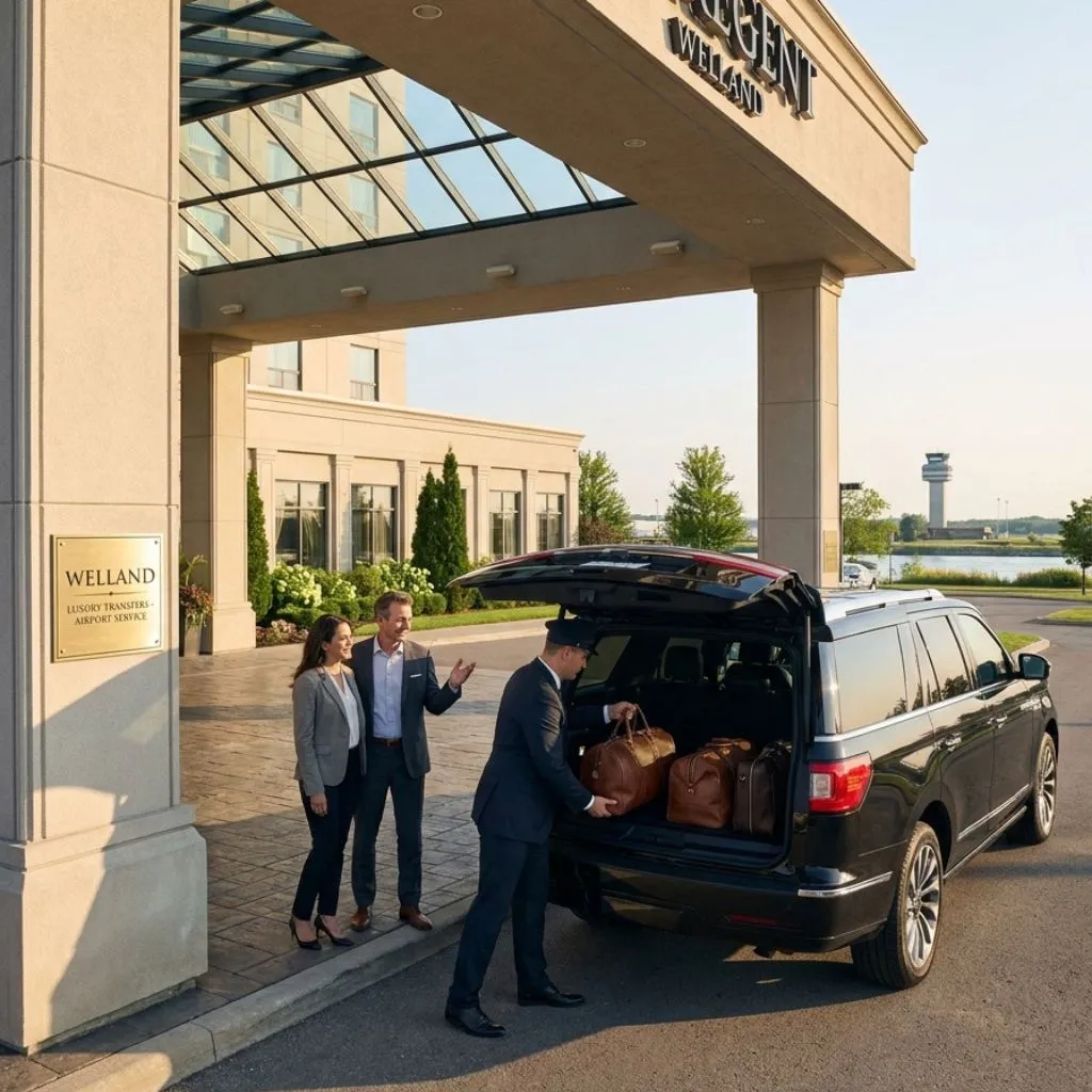 Welland Airport Limo Service chauffeur assisting passengers with Lincoln Navigator SUV for Welland Airport Limo and Airport limo service Welland