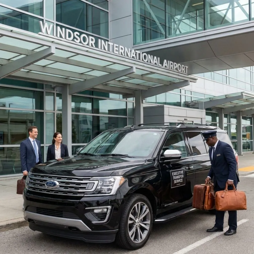Windsor Airport Limo Service chauffeur greeting passengers with Ford Expedition SUV for Windsor Airport Limo and Airport limo service Windsor