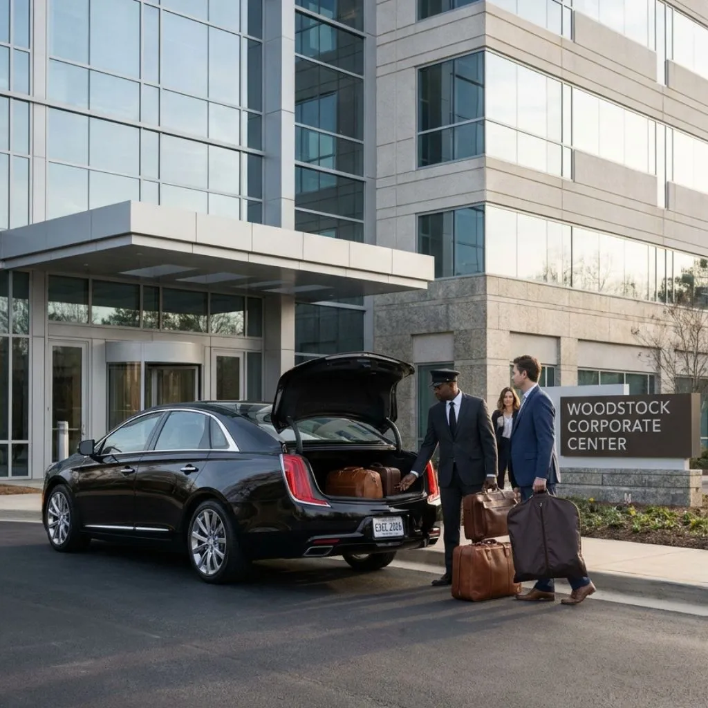 Woodstock Airport Limo Service chauffeur assisting passengers with Cadillac XTS Sedan for Woodstock Airport Limo and Airport limo service Woodstock
