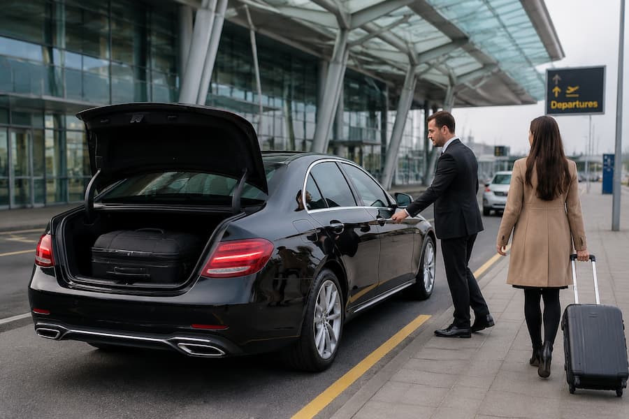 A man and woman with luggage are next to a black car, illustrating their travel plans that how to Get to Billy Bishop Airport by Car