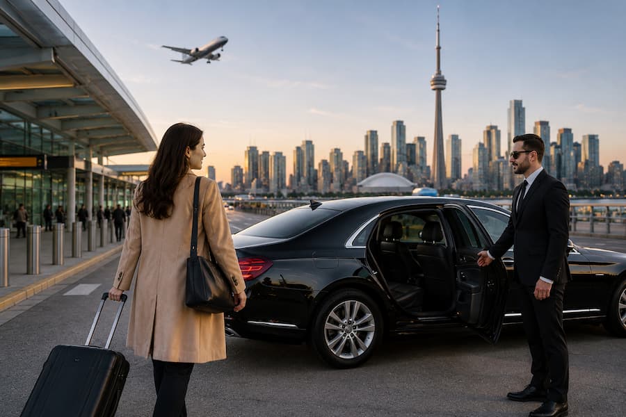 How to Get from Toronto Airport to Downtown with a professional airport chauffeur service and luxury sedan outside Toronto Pearson Airport.