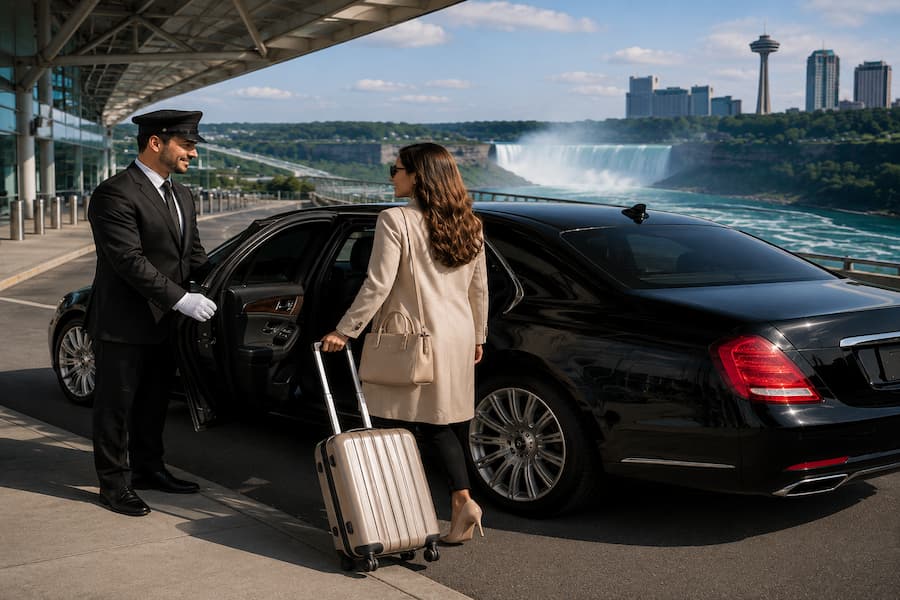 How to Get from Toronto Pearson Airport to Niagara Falls – woman boarding a luxury limousine with a professional chauffeur outside Toronto Pearson Airport before travelling to Niagara Falls
