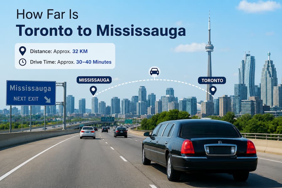 How Far Is Toronto to Mississauga highway view showing the route between Toronto and Mississauga. **Alt text:** How Far Is Toronto to Mississauga realistic highway view showing the route between Toronto and Mississauga.